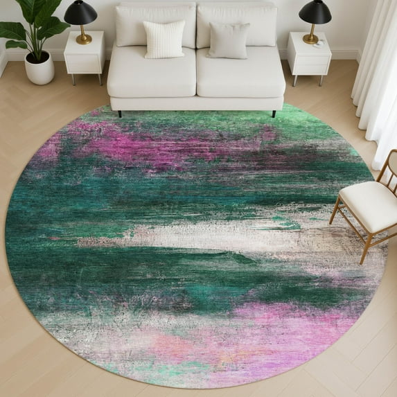 Addison Rugs Mayfield Premium Machine Washable Transitional Abstract Green Round Rug, 8' x 8'