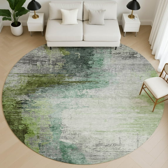 Addison Rugs Mayfield Premium Machine Washable Transitional Abstract Green Round Rug, 8' x 8'