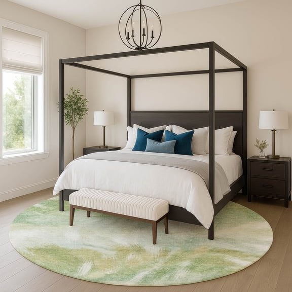 Addison Rugs Mayfield Premium Machine Washable Transitional Abstract Green Round Rug, 8' X 8' Machine Washable Transitional Abstract Green Oversized Sherpa Throw Blanket