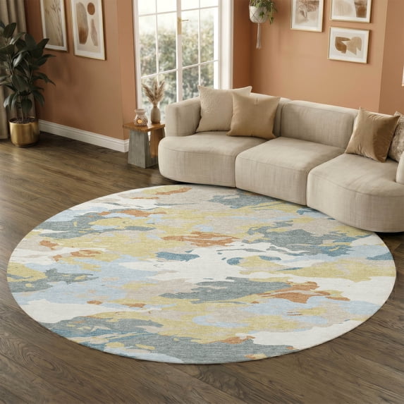 Addison Rugs Mayfield Premium Machine Washable Transitional Abstract Ivory Round Rug, 8' x 8'