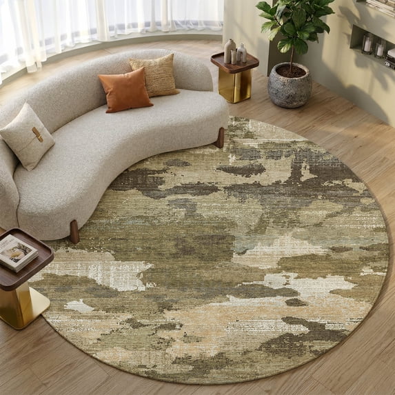 Addison Rugs Mayfield Premium Machine Washable Transitional Abstract Khaki Round Rug, 8' x 8'