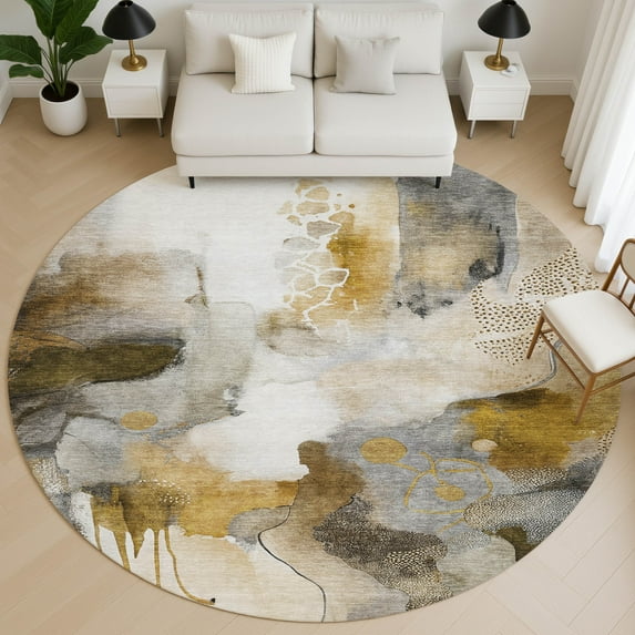 Addison Rugs Mayfield Premium Machine Washable Transitional Abstract Mocha Round Rug, 8' x 8'