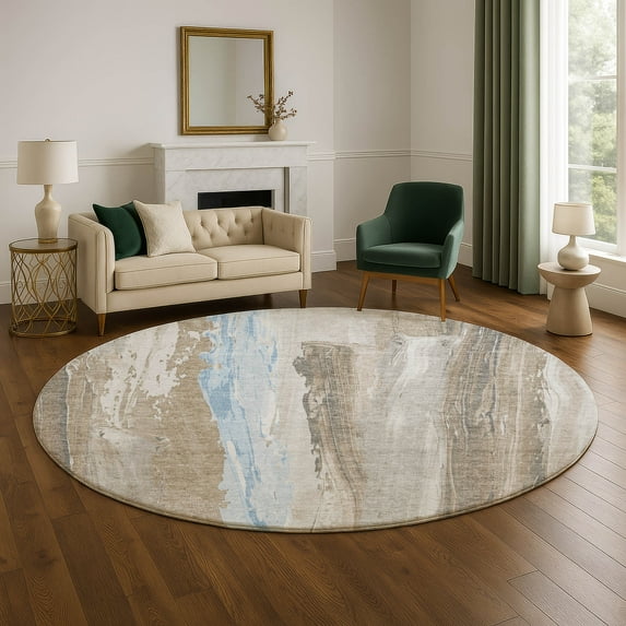 Addison Rugs Mayfield Premium Machine Washable Transitional Abstract Mocha Round Rug, 8' x 8'