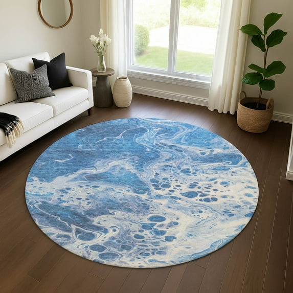 Addison Rugs Mayfield Premium Machine Washable Transitional Abstract Navy Round Rug, 8' X 8' Machine Washable Transitional Abstract Navy Oversized Sherpa Throw Blanket