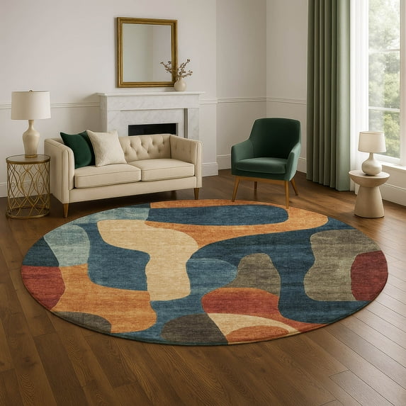 Addison Rugs Mayfield Premium Machine Washable Transitional Abstract Navy Round Rug, 8' x 8'