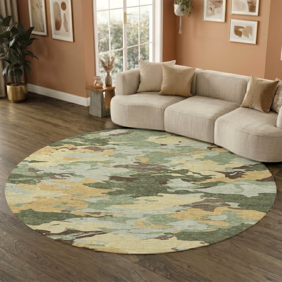 Addison Rugs Mayfield Premium Machine Washable Transitional Abstract Olive Round Rug, 8' x 8'