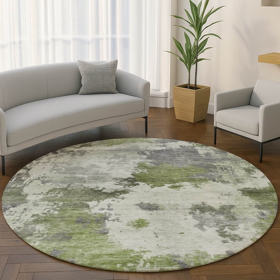 Addison Rugs Mayfield Premium Machine Washable Transitional Abstract Olive Round Rug, 8' x 8'