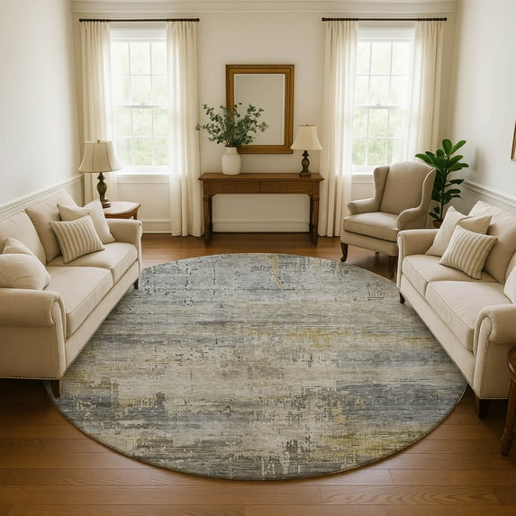 Addison Rugs Mayfield Premium Machine Washable Transitional Abstract Pewter Round Rug, 8' x 8'