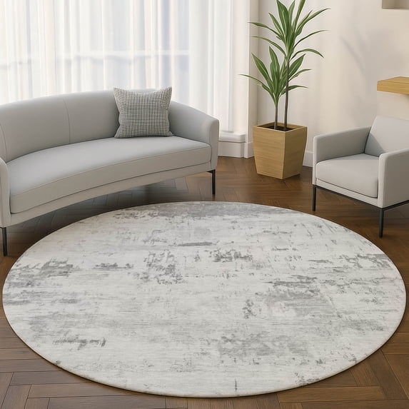 Addison Rugs Mayfield Premium Machine Washable Transitional Abstract Silver Round Rug, 8' x 8'