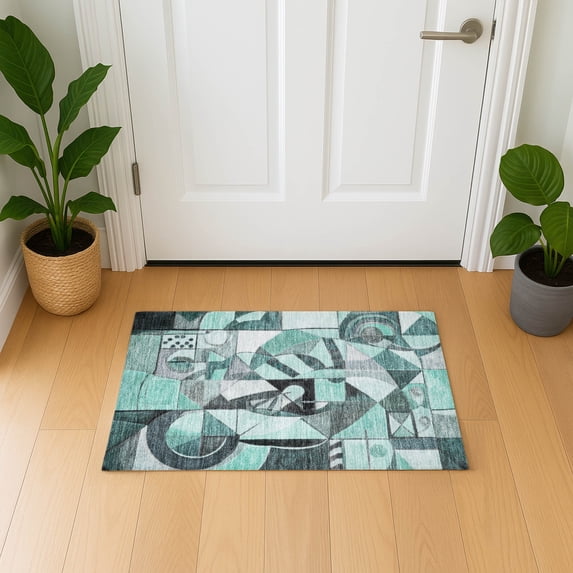 Addison Rugs Mayfield Premium Machine Washable Transitional Abstract Teal Rectangle Rug, 1'8" x 2'6"
