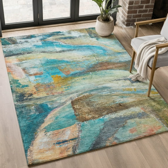 Addison Rugs Mayfield Premium Machine Washable Transitional Abstract Teal Rectangle Rug, 10' X 14' Machine Washable Transitional Abstract Teal Oversized Sherpa Throw Blanket
