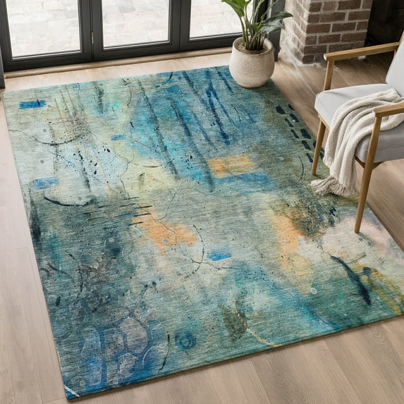 Addison Rugs Mayfield Premium Machine Washable Transitional Abstract Teal Rectangle Rug, 10' x 14'