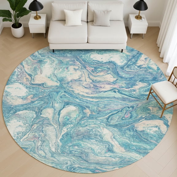 Addison Rugs Mayfield Premium Machine Washable Transitional Abstract Teal Round Rug, 8' X 8' Machine Washable Transitional Abstract Teal Oversized Sherpa Throw Blanket