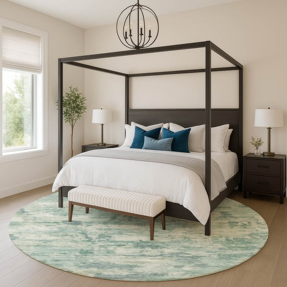 Addison Rugs Mayfield Premium Machine Washable Transitional Abstract Teal Round Rug, 8' X 8' Machine Washable Transitional Abstract Teal Oversized Sherpa Throw Blanket