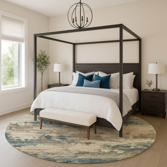 Addison Rugs Mayfield Premium Machine Washable Transitional Abstract Teal Round Rug, 8' X 8' Machine Washable Transitional Abstract Teal Oversized Sherpa Throw Blanket