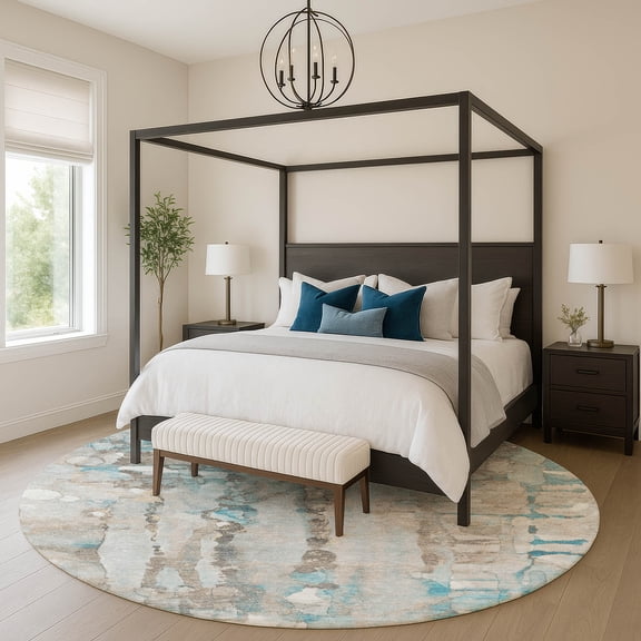 Addison Rugs Mayfield Premium Machine Washable Transitional Abstract Teal Round Rug, 8' X 8' Machine Washable Transitional Abstract Teal Oversized Sherpa Throw Blanket