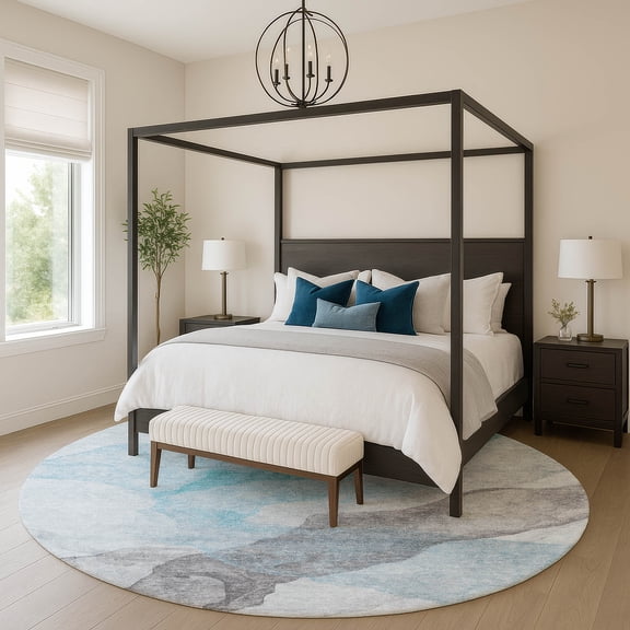 Addison Rugs Mayfield Premium Machine Washable Transitional Abstract Teal Round Rug, 8' X 8' Machine Washable Transitional Abstract Teal Oversized Sherpa Throw Blanket