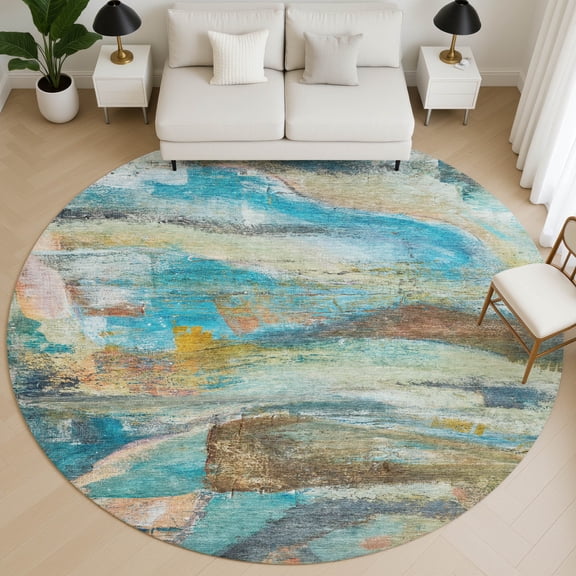 Addison Rugs Mayfield Premium Machine Washable Transitional Abstract Teal Round Rug, 8' X 8' Machine Washable Transitional Abstract Teal Oversized Sherpa Throw Blanket