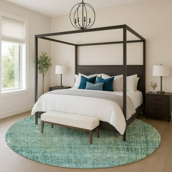 Addison Rugs Mayfield Premium Machine Washable Transitional Abstract Teal Round Rug, 8' X 8' Machine Washable Transitional Abstract Teal Oversized Sherpa Throw Blanket