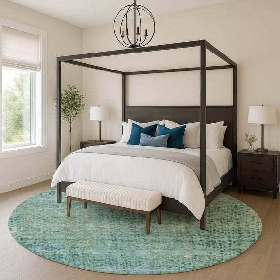 Addison Rugs Mayfield Premium Machine Washable Transitional Abstract Teal Round Rug, 8' X 8' Machine Washable Transitional Abstract Teal Oversized Sherpa Throw Blanket