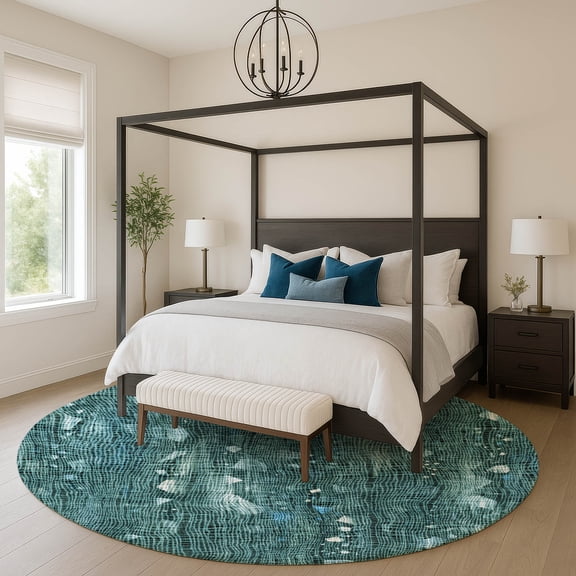 Addison Rugs Mayfield Premium Machine Washable Transitional Abstract Teal Round Rug, 8' X 8' Machine Washable Transitional Abstract Teal Oversized Sherpa Throw Blanket