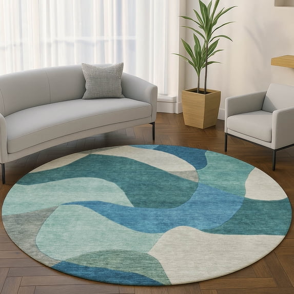 Addison Rugs Mayfield Premium Machine Washable Transitional Abstract Teal Round Rug, 8' x 8'