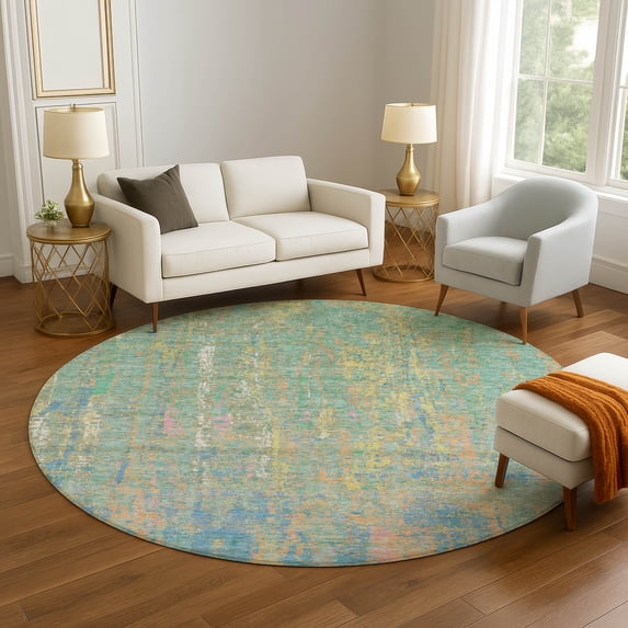 Addison Rugs Mayfield Premium Machine Washable Transitional Abstract Teal Round Rug, 8' x 8'