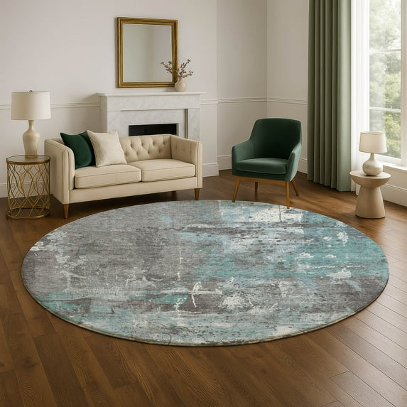 Addison Rugs Mayfield Premium Machine Washable Transitional Abstract Teal Round Rug, 8' x 8'