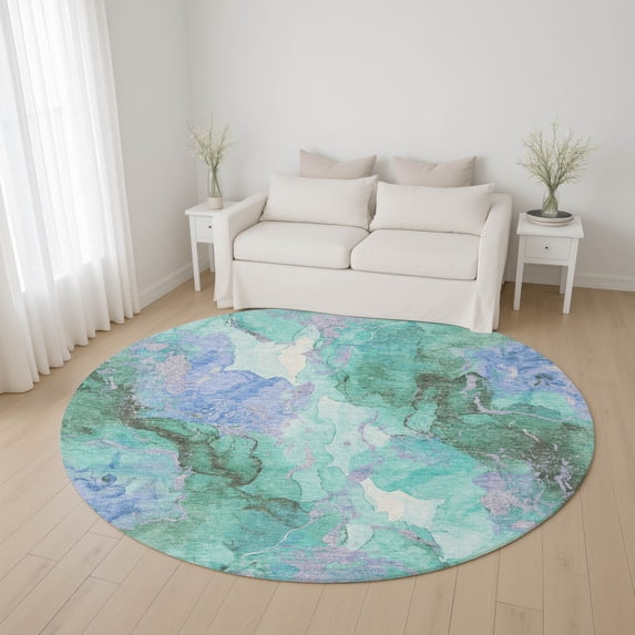 Addison Rugs Mayfield Premium Machine Washable Transitional Abstract Teal Round Rug, 8' x 8'