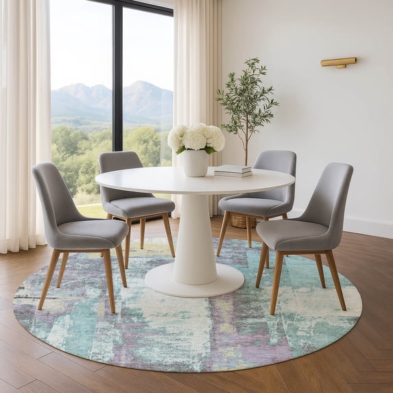 Addison Rugs Mayfield Premium Machine Washable Transitional Abstract Teal Round Rug, 8' x 8'