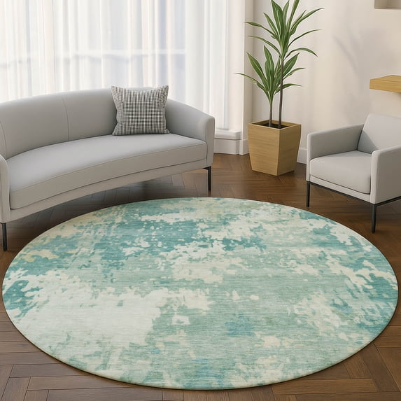 Addison Rugs Mayfield Premium Machine Washable Transitional Abstract Teal Round Rug, 8' x 8'