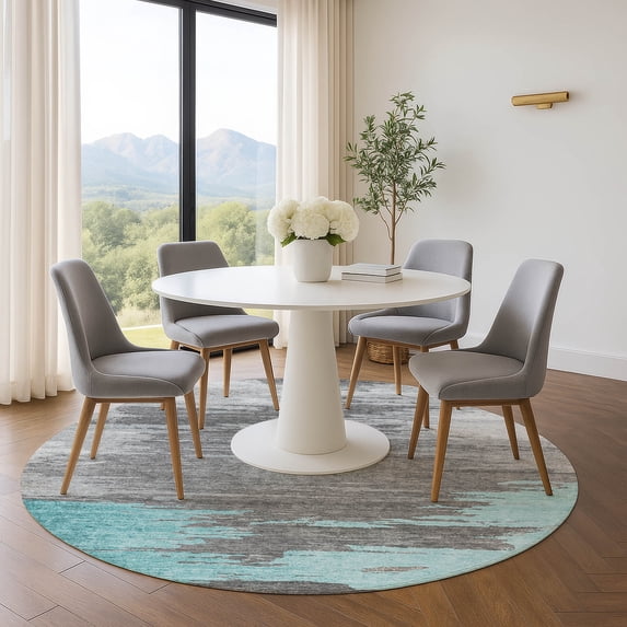 Addison Rugs Mayfield Premium Machine Washable Transitional Abstract Teal Round Rug, 8' x 8'