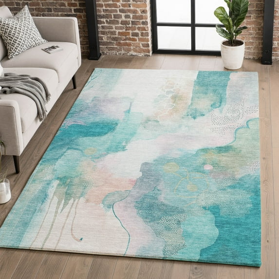 Addison Rugs Mayfield Premium Machine Washable Transitional Abstract Turquoise Rectangle Rug, 10' x 14'