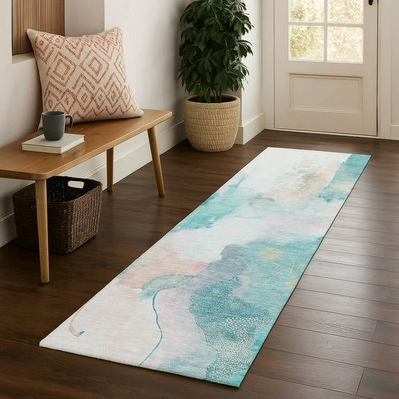 Addison Rugs Mayfield Premium Machine Washable Transitional Abstract Turquoise Runner Rug, 2'3" x 7'6"