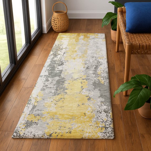 Addison Rugs Mayfield Premium Machine Washable Transitional Abstract Yellow Runner Rug, 2'3" x 7'6"