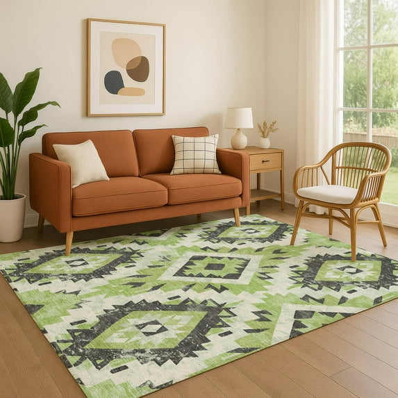 Addison Rugs Mayfield Premium Machine Washable Transitional Aztec Aloe Rectangle Rug, 3' x 5'