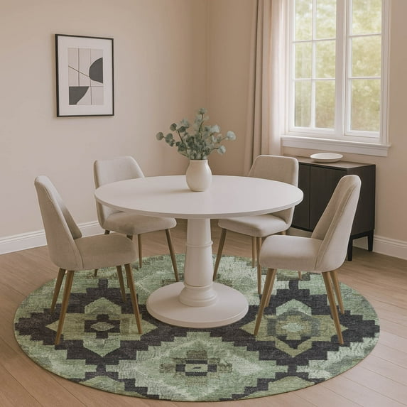 Addison Rugs Mayfield Premium Machine Washable Transitional Aztec Aloe Round Rug, 8' x 8'