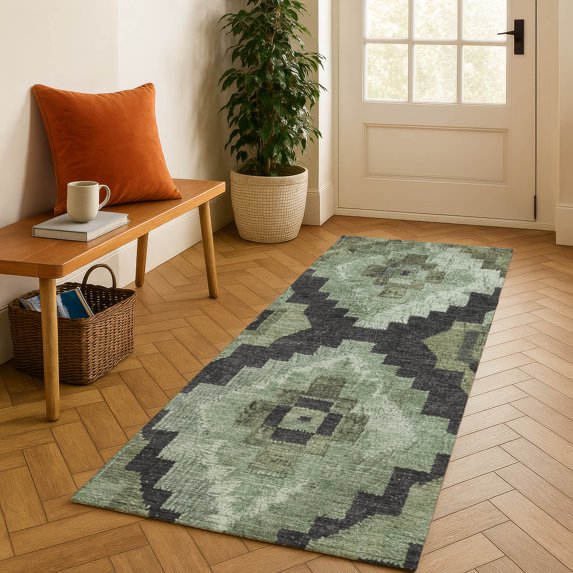 Addison Rugs Mayfield Premium Machine Washable Transitional Aztec Aloe Runner Rug, 2'3" x 7'6"