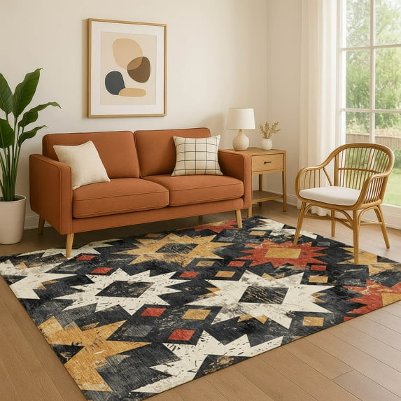 Addison Rugs Mayfield Premium Machine Washable Transitional Aztec Black Rectangle Rug, 3' x 5'