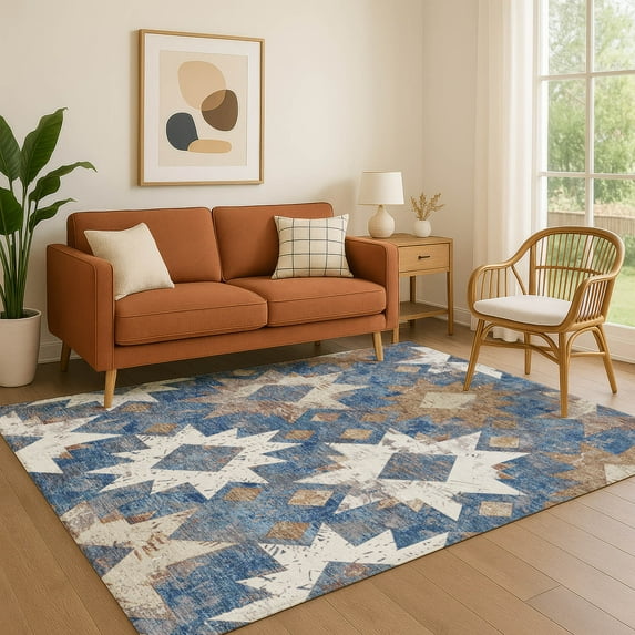 Addison Rugs Mayfield Premium Machine Washable Transitional Aztec Blue Rectangle Rug, 8' x 10'