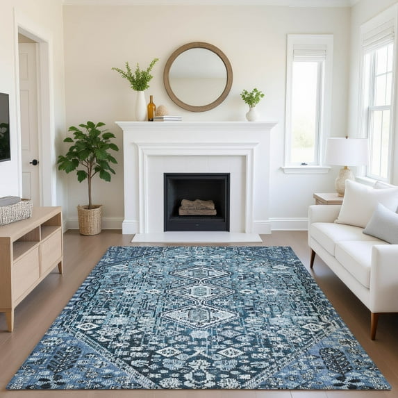 Addison Rugs Mayfield Premium Machine Washable Transitional Aztec Blue Rectangle Rug, 9' x 12'