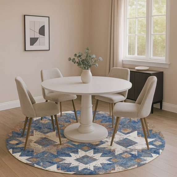 Addison Rugs Mayfield Premium Machine Washable Transitional Aztec Blue Round Rug, 8' x 8'