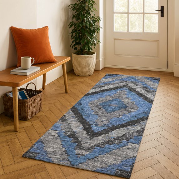 Addison Rugs Mayfield Premium Machine Washable Transitional Aztec Blue Runner Rug, 2'3" x 7'6"