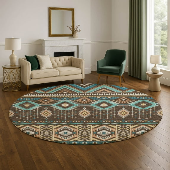 Addison Rugs Mayfield Premium Machine Washable Transitional Aztec Brown Round Rug, 8' x 8'