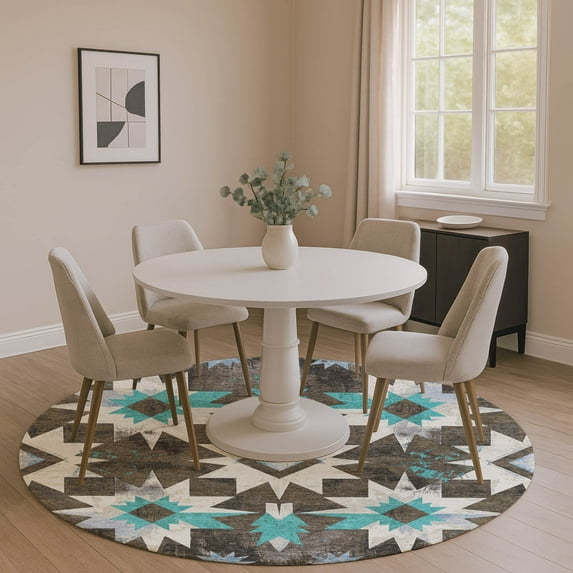 Addison Rugs Mayfield Premium Machine Washable Transitional Aztec Brown Round Rug, 8' x 8'
