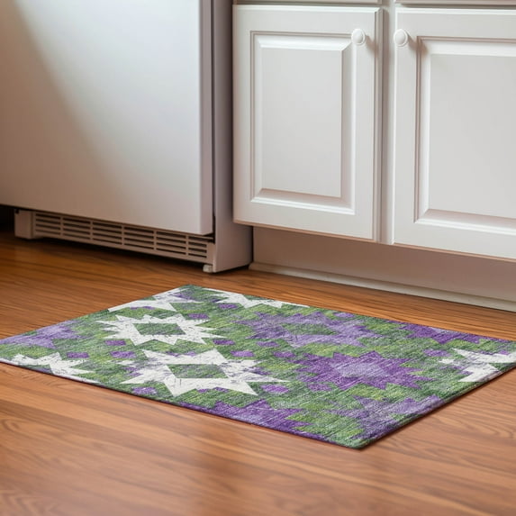 Addison Rugs Mayfield Premium Machine Washable Transitional Aztec Green Rectangle Rug, 1'8" x 2'6"