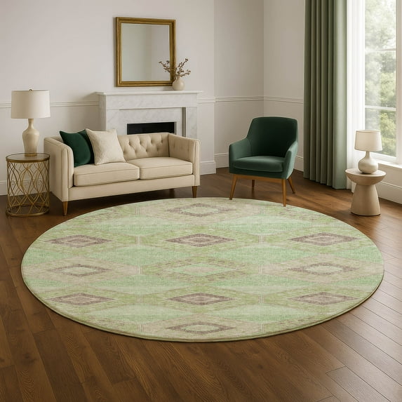 Addison Rugs Mayfield Premium Machine Washable Transitional Aztec Green Round Rug, 8' x 8'