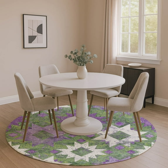 Addison Rugs Mayfield Premium Machine Washable Transitional Aztec Green Round Rug, 8' x 8'