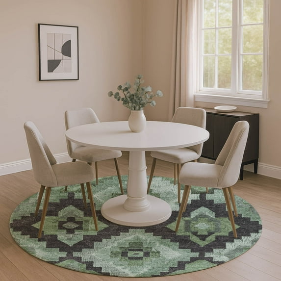 Addison Rugs Mayfield Premium Machine Washable Transitional Aztec Green Round Rug, 8' x 8'