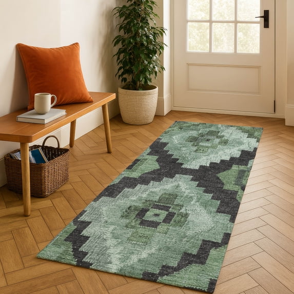 Addison Rugs Mayfield Premium Machine Washable Transitional Aztec Green Runner Rug, 2'3" x 7'6"